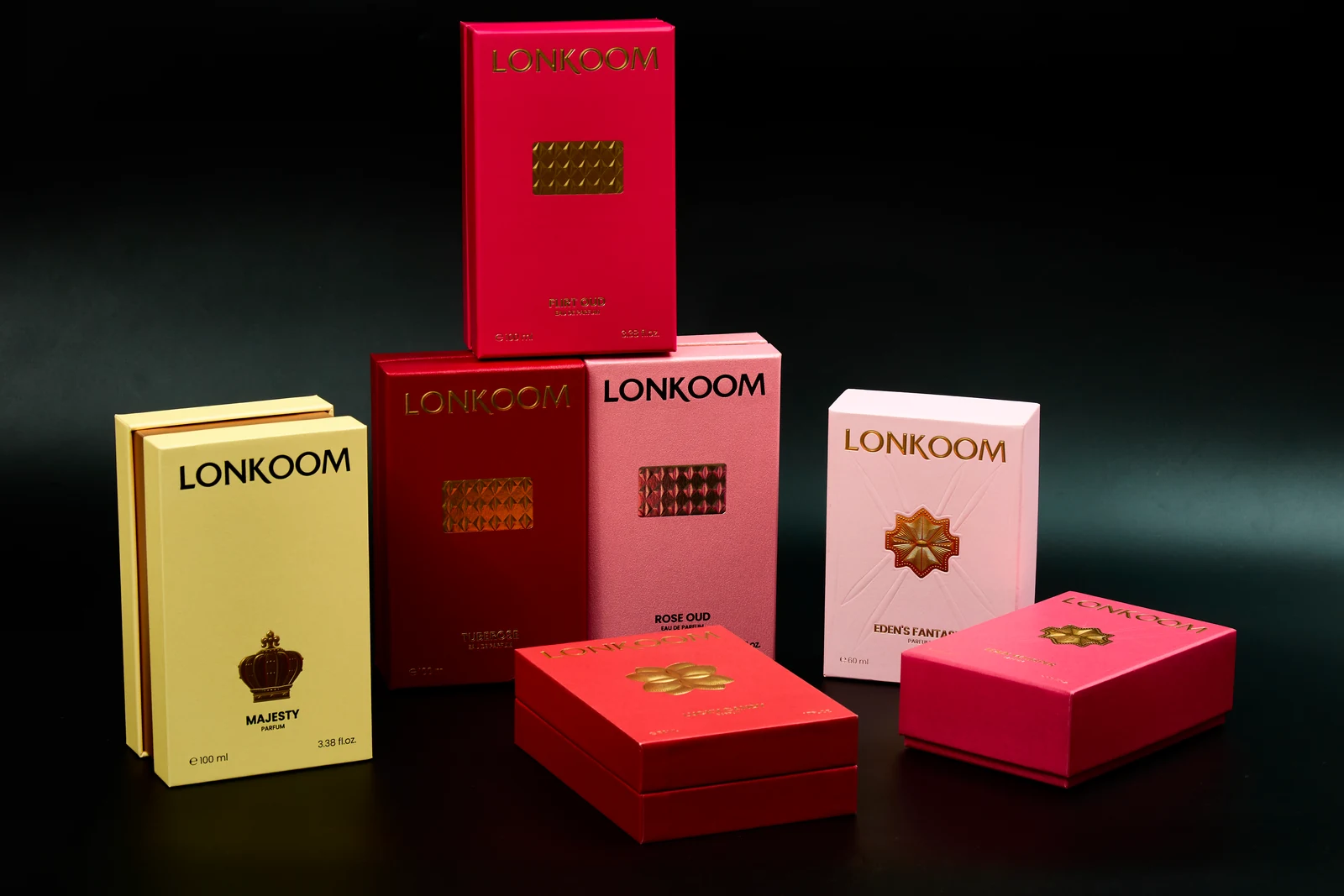 Printed perfume boxes with metallic decorative details
