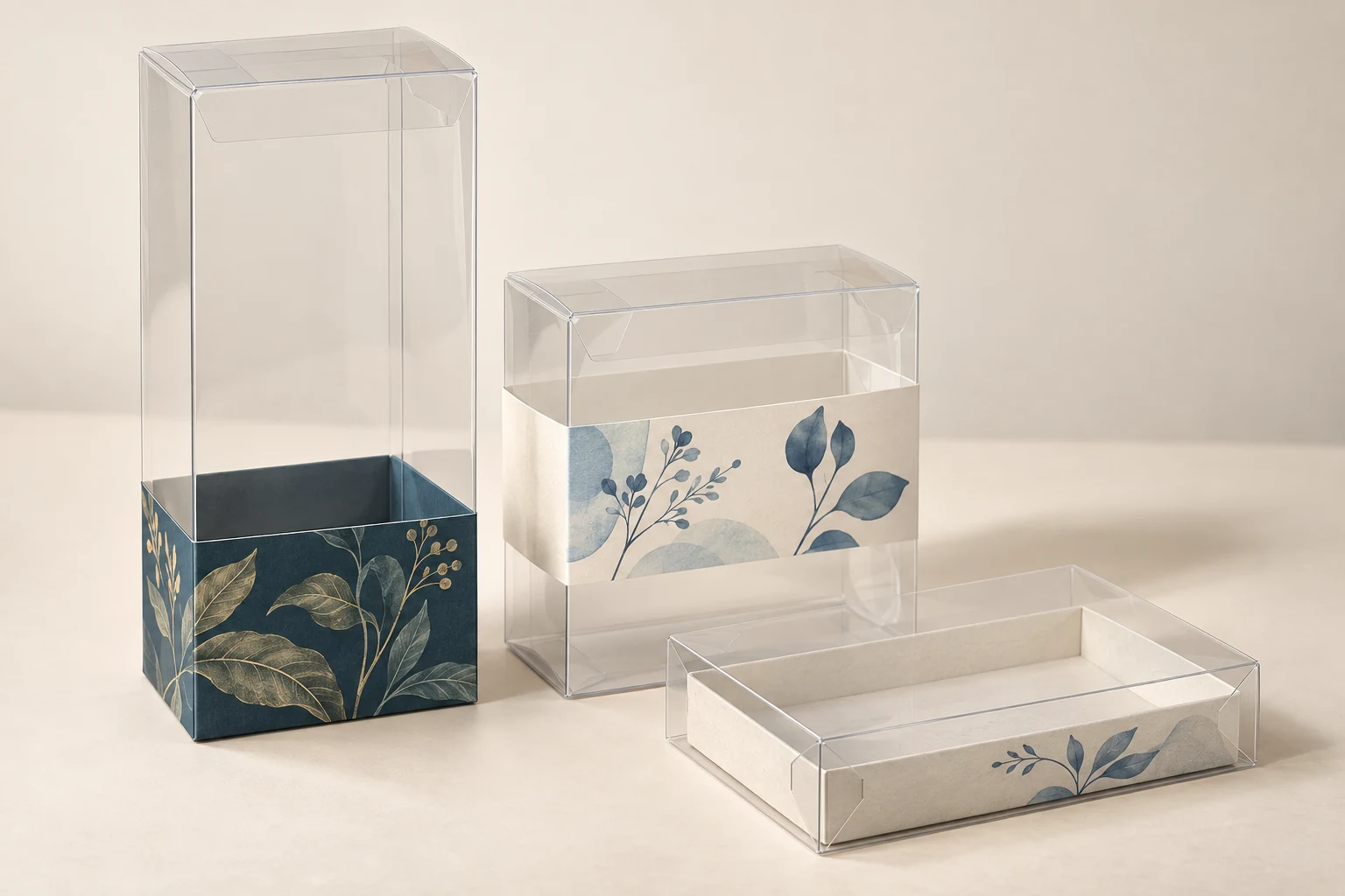 Transparent boxes with printed paper components